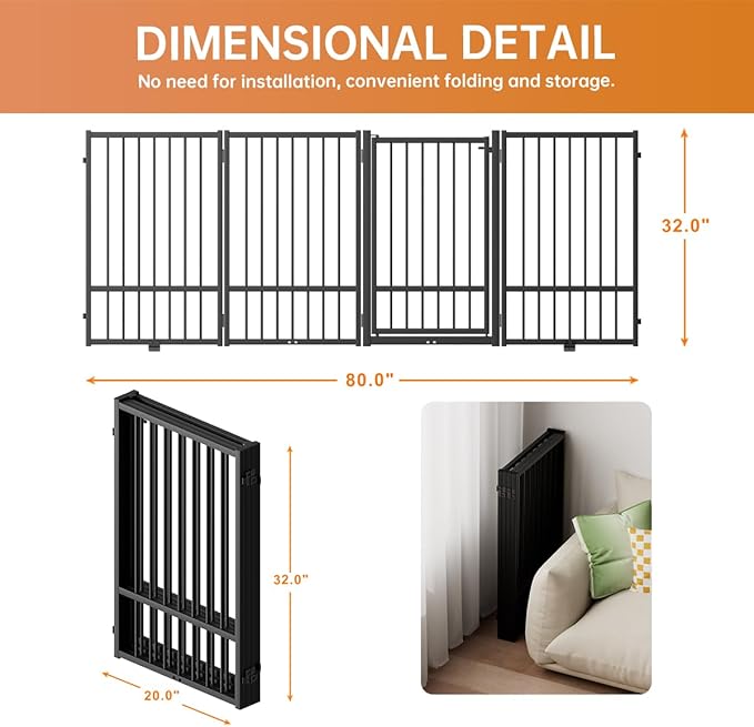 Full Metal Freestanding Dog Gate with Door, 32''Height Foldable Pet Dog Fence for Indoor & Outdoor, 4 Panels Extra Wide Free Standing TallDog Gates for Doorways,House,Stairs,Porch,Deck,Yard-PurrikoPets