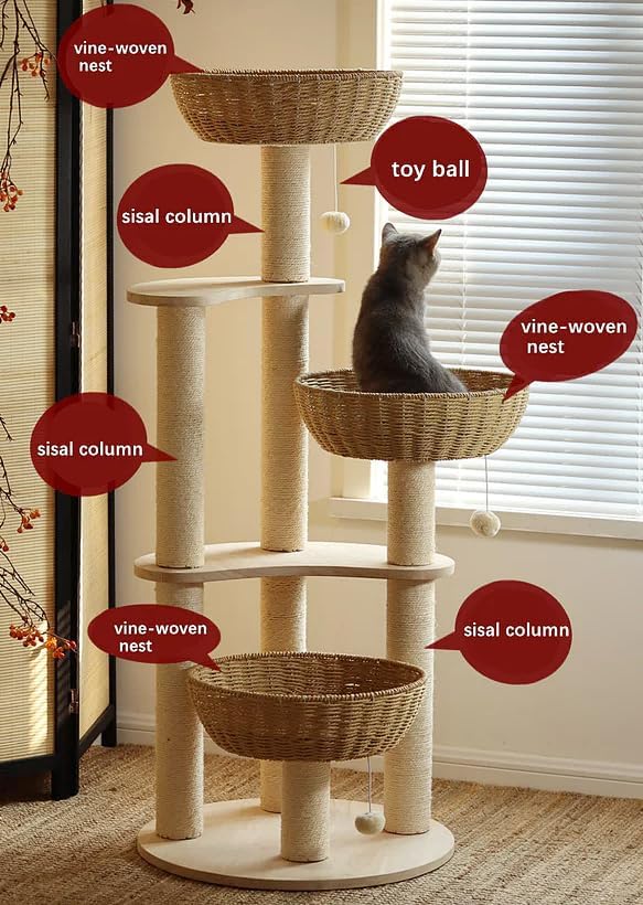 54" Large Modern Cat Trees, Luxury Rattan Oak Solid Wood Cat Trees Towers，3 Weaving Cat Nests & Washable Cool Cushions, Sisal Scratching Posts,Cat Condo for Indoor Cats- Wood Wax Oil Version-PurrikoPets