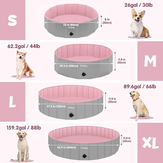 Furrybaby Dog Pool, Kiddie Pool Hard Plastic, Collapsible Pet Bath Foldable Swimming Pet Pool Portable Pink 32''-PurrikoPets