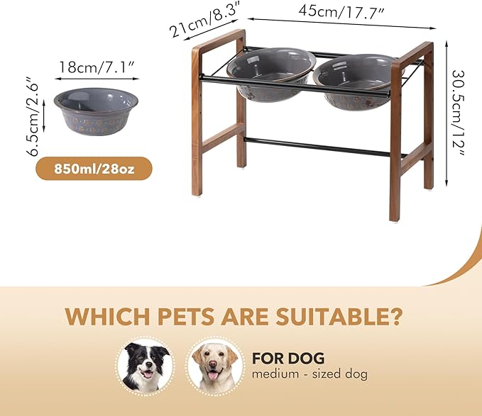 7.1inch Ceramic Adjustable Raised Double Bowls Set with Stand, 3 Heights Elevated, 2 Placement Options,Food and Water Bowls for Medium and Large Dog(Reactived Glaze -Grey)-PurrikoPets