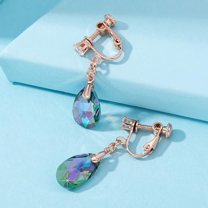 Teardrop Austrian Crystal Drop Clip On Dangle Earrings for Women Non Pierced 14K Rose Gold Plated Hypoallergenic Jewelry