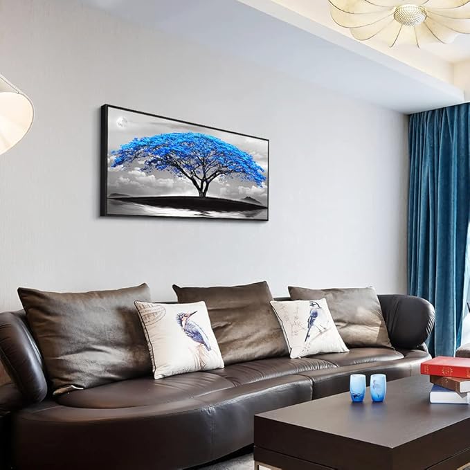 Framed Canvas Wall Art For Office Large Size Living Room Wall Decor Bedroom Decor Wall Pictures Artwork Black And White Landscape Blue Tree Moon Wall Painting Home Decorations Black Frame 24" X 48"-PurrikoPets