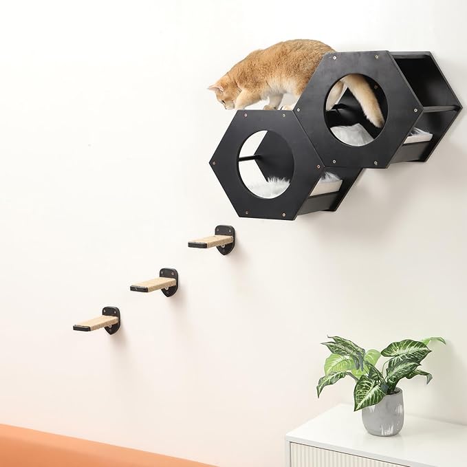 3 Pcs Cat Steps and Perches for Wall, Climbing Shelf With Hemp Rope, Wall-Mounted Furniture Set With Scratching Pads for Playing (Black)-PurrikoPets
