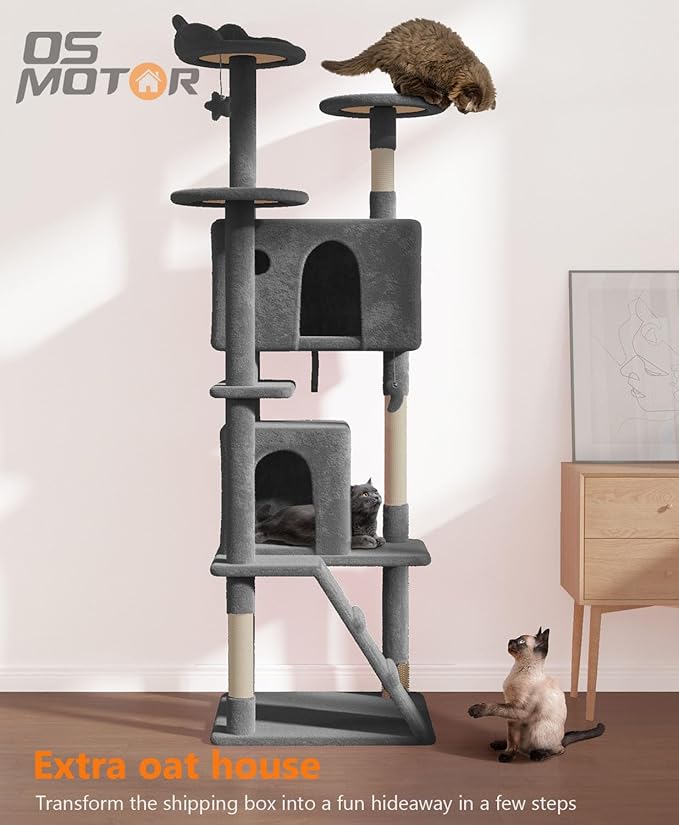 77'' Cat Tree Tower for Indoor Cats Large Adult, Cute/Tall Modern Cat Tree for Big Cats 20 lbs, Plush Multi-Level Cat Condo with Scratching Posts, Dangling Ball (Smoky Gray, 77 inch)-PurrikoPets