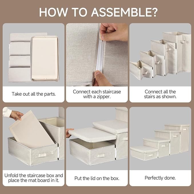 Dog Stairs with Storage, 4-Step Folding Pet Steps for Small Dogs and Cats, Pet Steps Storage with Zip, Pet Stairs for High Bed, Couch and Car Ramp (Beige, 4 Steps no Condo)-PurrikoPets