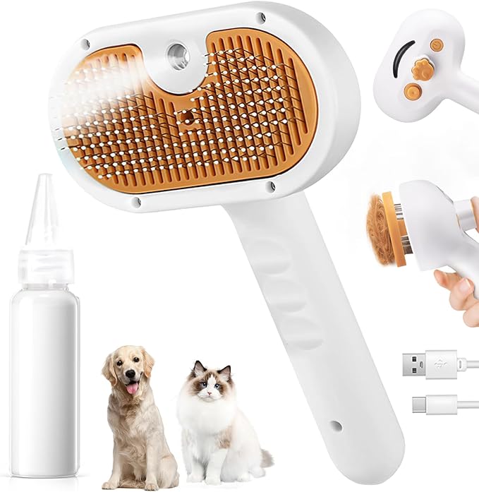 3-in-1 Pet Steam Brush Set for Dogs & Cats, Grooming Comb with Spray, Defur Tool, Water-Assisted Hair Removal, Gentle Cat & Dog Spritz Brush, Multi-Purpose Steam Grooming-PurrikoPets
