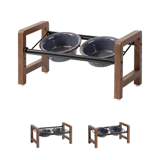 5.5inch Ceramic Adjustable Raised Double Bowls Set with Stand, 3 Heights Elevated, 2 Placement Options, Food and Water Dishes for Puppy, Cats（Double Bowls+Stand, Reactived Glaze -Grey-PurrikoPets