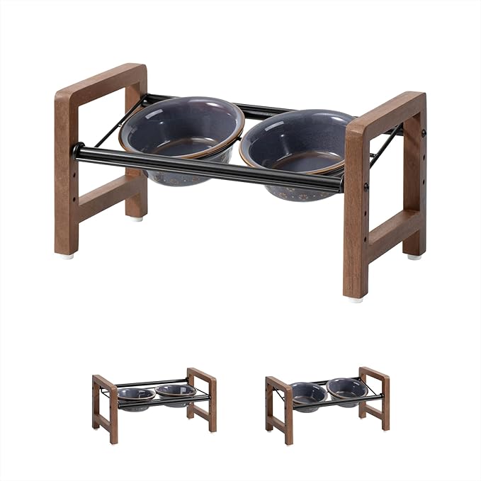 5.5inch Ceramic Adjustable Raised Double Bowls Set with Stand, 3 Heights Elevated, 2 Placement Options, Food and Water Dishes for Puppy, Cats（Double Bowls+Stand, Reactived Glaze -Grey-PurrikoPets