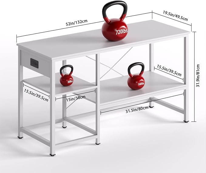 50-75 Gallon Fish Tank Stand with Power Outlet & LED Light, Metal Aquarium Stand with 3 Tier Adjustable Storage Shelves, Tank Stand for Reptile Tank, Turtle Tank, 52" L*19.5" W, White-PurrikoPets