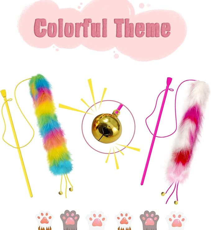 2 Pack Cat Wand Toy, Rainbow Cat Feather Toys with Bells, Teaser Wand with Soft Furry Tail, Interactive Toys for Indoor Cats & Kitten & Kitty-PurrikoPets