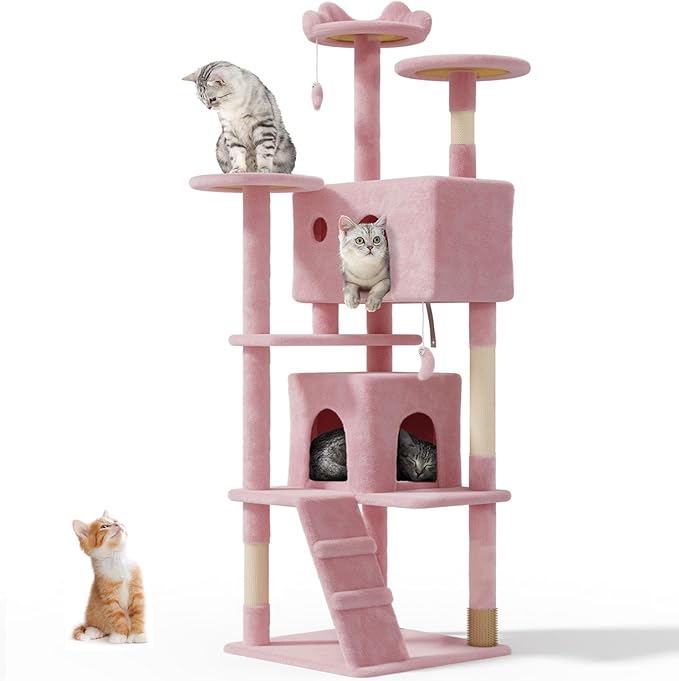 70'' Cat Tree Tower for Indoor Cats Large Adult,Cute/Tall Modern Cat Tree for Big Cats 20 lbs,Plush Multi-Level Cat Condo with Scratching Posts,Dangling Ball for Fun Play(Soft Pink, 70 inch)-PurrikoPets