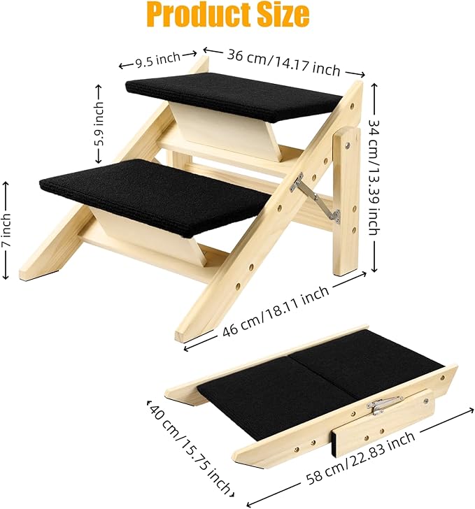Foldable Dog Stairs/Ramp with 2 Steps - Durable Wooden Pet Stairs for Small, Medium, Large Dogs - Black (No Assembly Required)-PurrikoPets