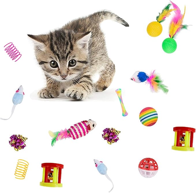 32Pcs Cat Toys Kitten Interactive Pet Toys Assortments, Foldable Rainbow Tunnel, Teaser Wand Fluffy Mouse Crinkle Balls Bell Play for Puppy Kitty (3 way)-PurrikoPets