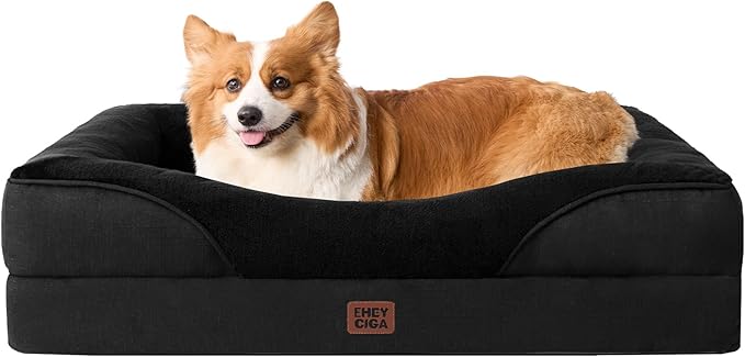 EHEYCIGA Memory Foam Dog Bed for Medium Size, Orthopedic Dog Sofa with Sides and Waterproof Liner, Washable Bolster Pet Couch with Removable Cover, 35x22x6.5 Inch, Black-PurrikoPets