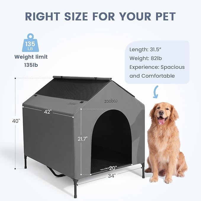 42” Outdoor Dog House for Large Breeds, Durable Large Dog Shelter with Weatherproof 600D PVC Canopy, Breathable 2x1 Textilene Fabric Elevated Dog Bed, XL Dog Kennel for Outside Use-PurrikoPets
