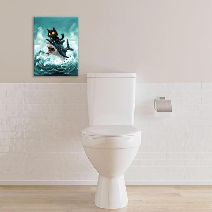 Funny Black Cat Bathroom Wall Art Cute Cat Riding Shark Canvas Wall Decor Animal Kitten Pictures Painting Print Artwork Framed Decorations Gifts for Cat Lover Kids Room Bedroom 24"x20"-PurrikoPets
