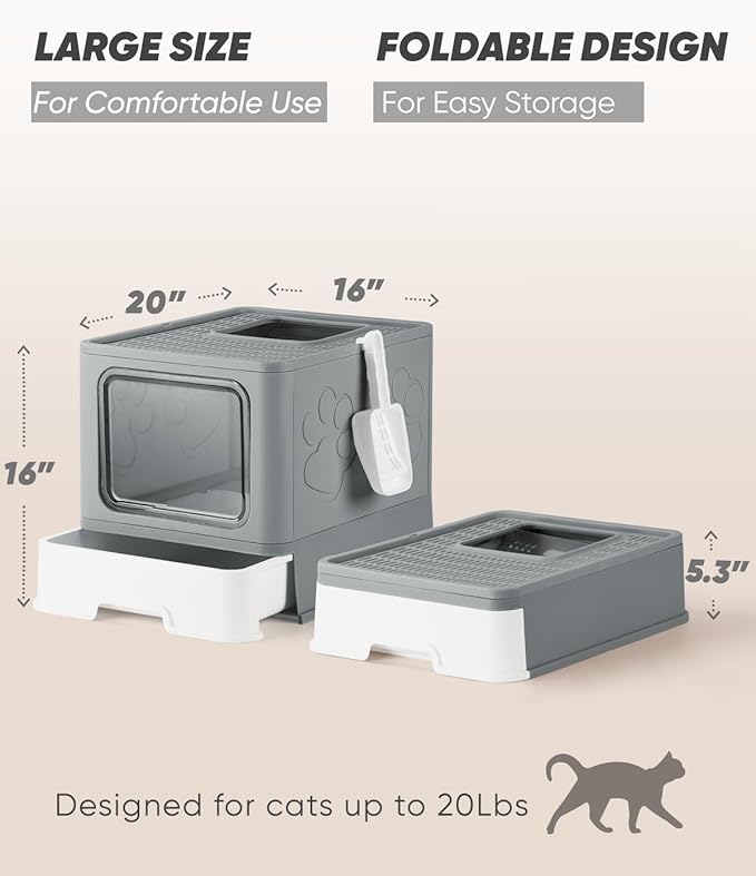 Enclosed Cat Litter Box, Large Litter Box for Big Cats, Covered Kitty Litter Boxes with Lid, Top Entry Cat Box Enclosure with Scoop, Odor Control, Easy to Clean(Grey)-PurrikoPets