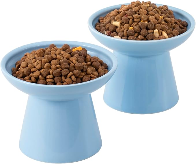 Extra Wide Elevated Ceramic Cat Bowl, 6.2" Shallow Dish for Whisker Fatigue Relief, 5" Height for Easy Feeding, Durable Raised Cat Food Bowls, Pack of 2, Blue-PurrikoPets