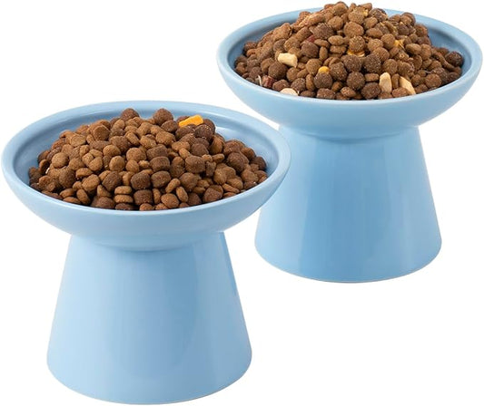 Extra Wide Elevated Ceramic Cat Bowl, 6.2" Shallow Dish for Whisker Fatigue Relief, 5" Height for Easy Feeding, Durable Raised Cat Food Bowls, Pack of 2, Blue-PurrikoPets