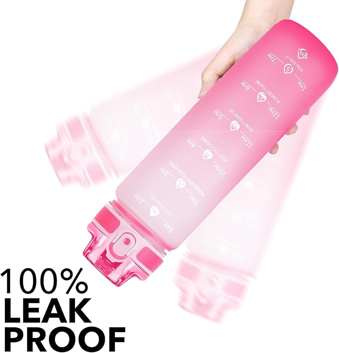 32oz Motivational Water Bottles with Time Marker & Fruit Strainer, Transparent Gradient Color Water Bottle with Times to Drink, Leakproof & BPA Free, Reusable Bottle with Strap (No Straw)-PurrikoPets