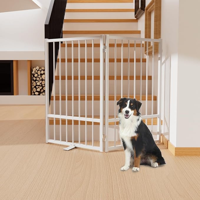 Full Metal Freestanding Dog Gate with Door, 32''Height Foldable Pet Dog Fence for Indoor & Outdoor, 2 Panels Extra Wide Free Standing TallDog Gates for Doorways,House,Stairs,Porch,Deck,Yard-PurrikoPets
