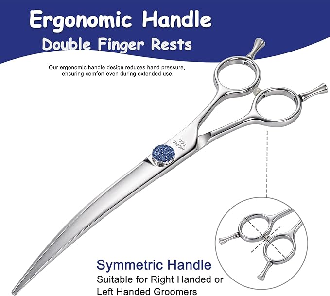 7'' Dog Grooming Scissors CNC 440C Blades Sharp and Durable Polished Curved Dog Shears with Blue Diamond Adustable Screws Easy to Use for Groomer and Home User-PurrikoPets