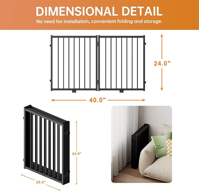 Full Metal Freestanding Dog Gate with Door, 24'' Height Foldable Pet Dog Fence for Indoor & Outdoor, 2 Panels Extra Wide Free Standing SmallDog Gates for Doorways,House,Stairs,Porch,Deck,Yard-PurrikoPets