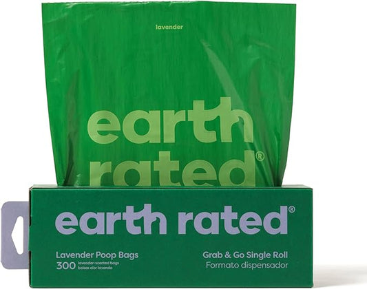 Earth Rated Dog Poop Bags, Thick Grab and Go Single Roll, Ideal for Backyard Pickups, Lavender Scented, 300 Count-PurrikoPets