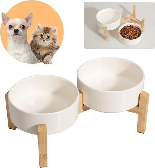 Elevated Ceramic Dog Bowl Set - Raised Feeding Bowls with Non-Slip Bamboo Stand - Small Pet Dishes for Food and Water - Ideal for Cats and Puppies - 16.23 OZ - 2 Cups - 480 ML-PurrikoPets