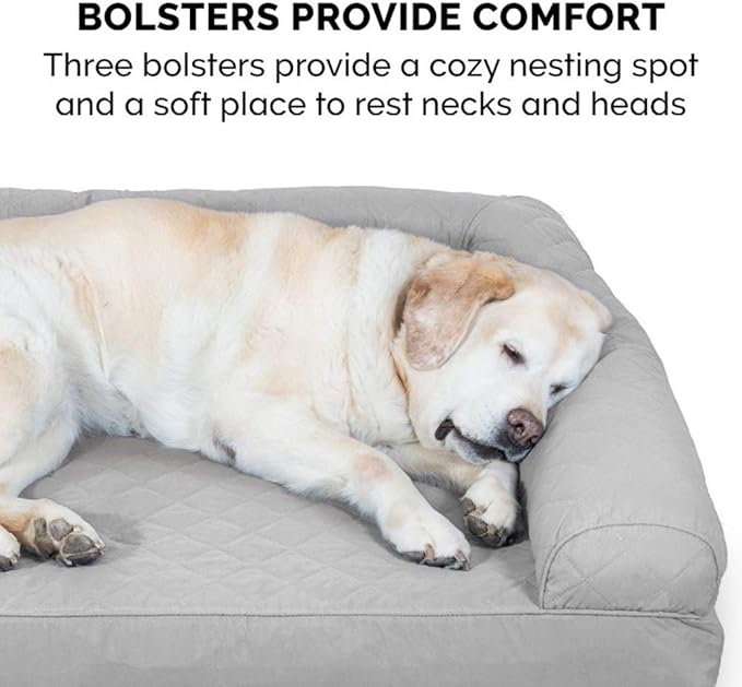 Furhaven Cooling Gel Dog Bed for Large Dogs w/ Removable Bolsters & Washable Cover, For Dogs Up to 95 lbs - Two-Tone Plush Faux Fur & Suede L Shaped Chaise - Stone Gray, Jumbo/XL-PurrikoPets