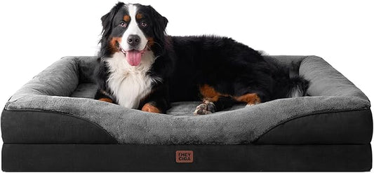 EHEYCIGA Memory Foam XXL Dog Bed for XLarge Sized, Orthopedic Dog Sofa with Sides and Waterproof Liner, Washable Bolster Pet Couch with Removable Cover, 52x41x8 Inch, Grey/Black-PurrikoPets
