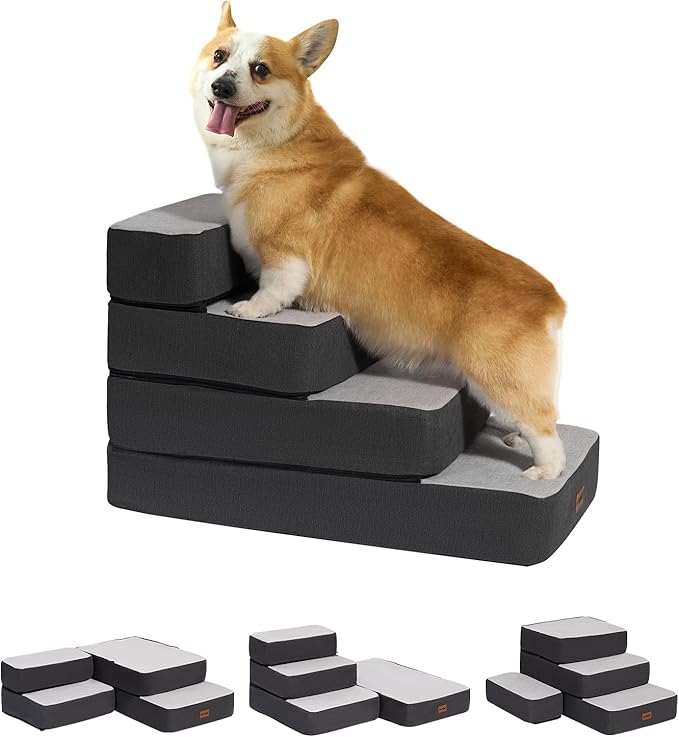 4-Step Adjustable Dog Stairs for Beds, Dog Steps for Small Dogs and Cats, Foldable Pet Stairs for Bed Climbing, Non-Slip Pet Step Indoor, Grey-PurrikoPets