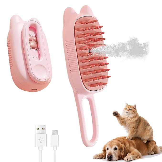 4 in 1 Cat Steam Brush Rechargeable Anti-Static Pet Spray Hair Removal Comb for Shedding and Grooming Multi-functional Pet Massage Brushes for Cats Dogs Small Animals-PurrikoPets