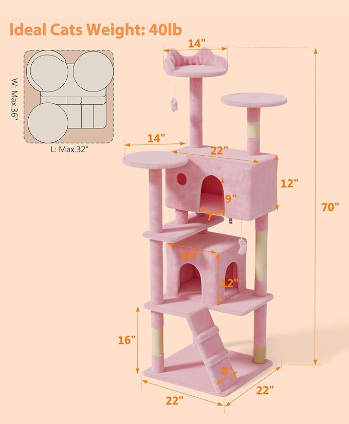 70'' Cat Tree Tower for Indoor Cats Large Adult,Cute/Tall Modern Cat Tree for Big Cats 20 lbs,Plush Multi-Level Cat Condo with Scratching Posts,Dangling Ball for Fun Play(Soft Pink, 70 inch)-PurrikoPets