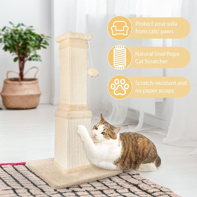 AGYM Cat Scratching Post, 32 Inch Cat Scratching Post for Large Cats, Scratching Posts for Indoor Cats Adults, Cat Scratch Post with Nature Sisal, Beige-PurrikoPets