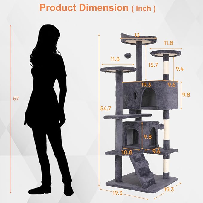 54.7 inches Cat Tower for Indoor Cats Multi-Level Cat Condos for Cat Tree Cat Climbing Tower with Scratching Posts, Hanging Toys,Ashy-PurrikoPets