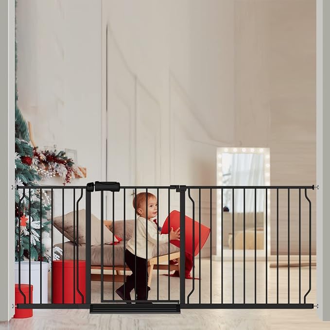Extra Wide Baby Gate 71.6-76.37 Inch Black, Walk Through Pressure Mounted No Drill Long Large Tension Metal Gate for Dog and Toddler-PurrikoPets