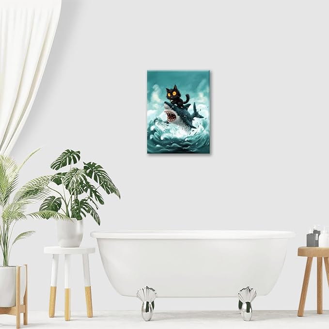 Funny Black Cat Bathroom Wall Art Cute Cat Riding Shark Canvas Wall Decor Animal Kitten Pictures Painting Print Artwork Framed Decorations Gifts for Cat Lover Kids Room Bedroom 24"x20"-PurrikoPets