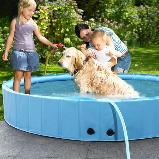 63" Large Dog Pool with Sprinkler, 2-in-1 Foldable Swimming Pool Non-Slip Hard Plastic Splash Sprinkler Kiddie Pool for Outdoor Backyard Kids Dogs Ducks and Pet Baths-PurrikoPets