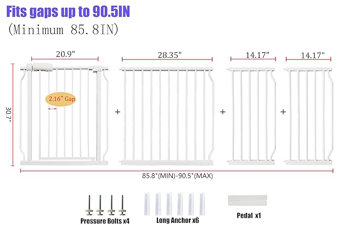 Extra Wide Baby Gate 85.8-90.5 Inch, Pressure Mounted No Drilling, for Stairs & Doorways, Metal White Indoor Safety Gate for Kids and Dogs-PurrikoPets