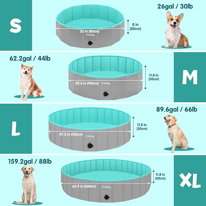 Furrybaby Dog Pool, Kiddie Pool with Hard Plate Collapsible Pet Bath Foldable Swimming Pet Pool Portable Grey 39''-PurrikoPets