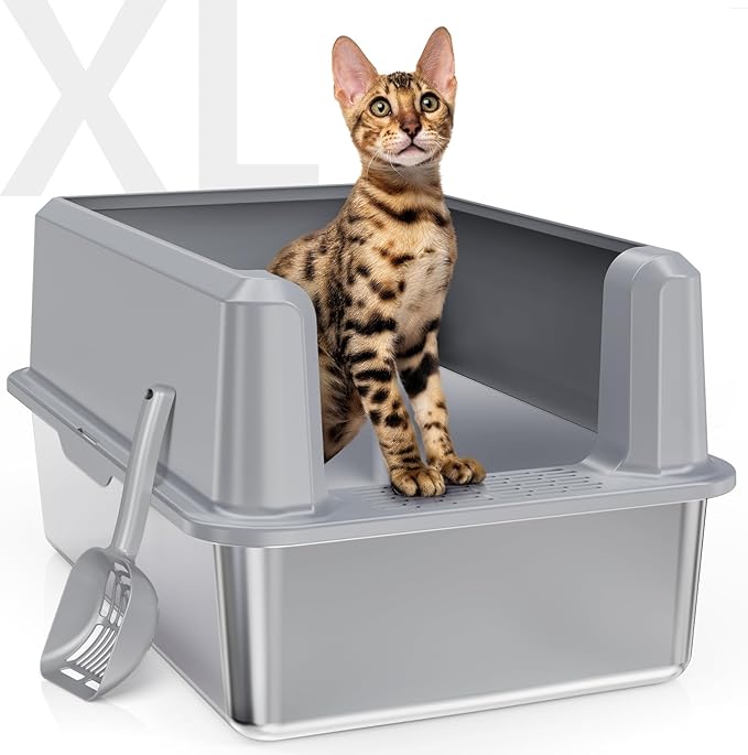 Enclosed Stainless Steel Cat Litter Box with Lid, XL Extra Large Litter Box for Big Cats, Metal Litter Pan High Sided, Never Absorbs Odors, Anti-Urine Leakage, Include Scoop (SH-Light Gray)-PurrikoPets