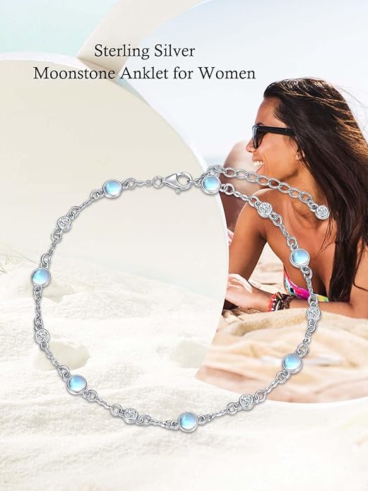 Anklet Bracelet for Women 925 Sterling Silver Natural Stone Chain Ankle Bracelet Beach Summer Fine Jewelry Valentines Day Birthday Gifts for Her Mom Wife