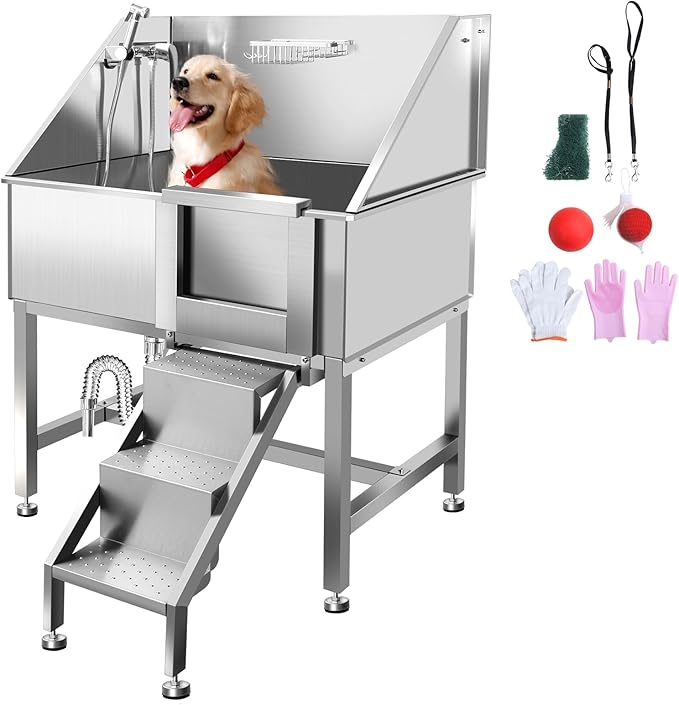 38"" Pet Dog Bathing Station W/Ramp, Professional Stainless Steel Dog Grooming Tub W/Soap Box, Faucet,Rich Accessory, Dog Bathtub for Large,Medium,Small Pets, Washing Sink for Home,R-RAMP-PurrikoPets
