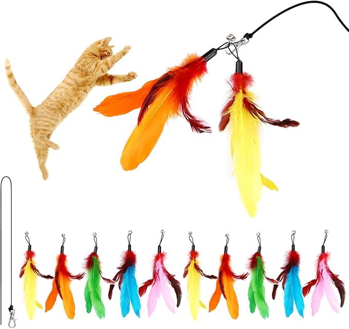 11PCS Cat Feather Toys Refills, 10PCS Feathers and 1PC String, Interactive Cat Wand Toy Replacement for Bored Indoor Adult Cats & Kittens-PurrikoPets