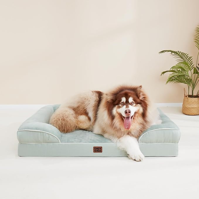 EHEYCIGA Orthopedic XL Dog Beds, Waterproof Memory Foam Dog Bed for Extra Large Dogs, Non-Slip Bottom and Egg-Crate Foam Big Pet Couch Bed with Washable Removable Cover, Sage Green-PurrikoPets