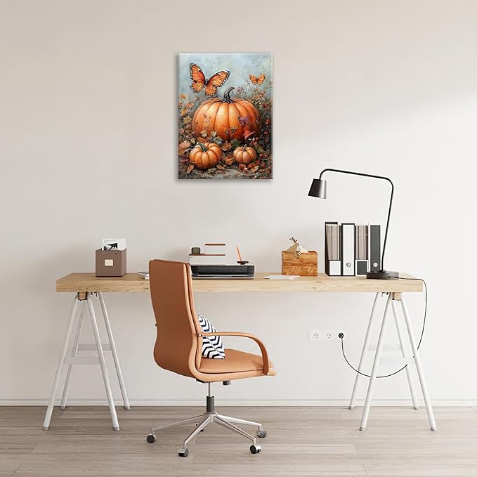 Fall Pumpkin Pictures Wall Art, Rustic Thanksgiving Bathroom Wall Decor, Farmhouse Autumn Butterfly Framed Painting Canvas Artwork for Harvest Gift Bedroom Living Room Decorations 20"L x 16"W-PurrikoPets