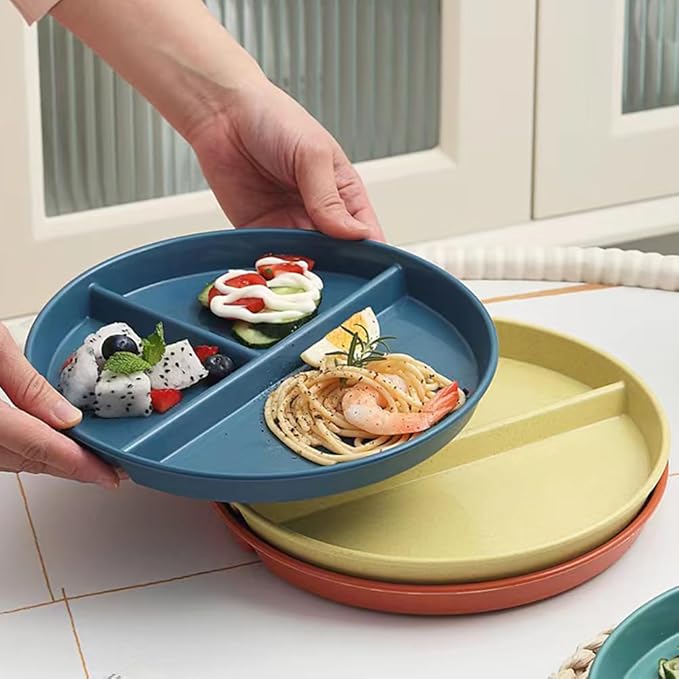 9" Unbreakable Divided Plates Set of 5, Wheat Straw Plate Reusable Dinnerware Portion Control Plate, Round Bariatric Plastic Plate for Kids Adults, BPA-free, Dishwasher Safe-PurrikoPets