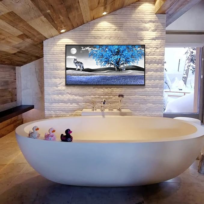 Framed Canvas Wall Art For Living Room Family Wall Decorations For Bedroom Modern Office Wall Decor Paintings Blue Tree Landscape Pictures Artwork Canvas Art Prints Home Decor Black Frame 20" X 40"-PurrikoPets