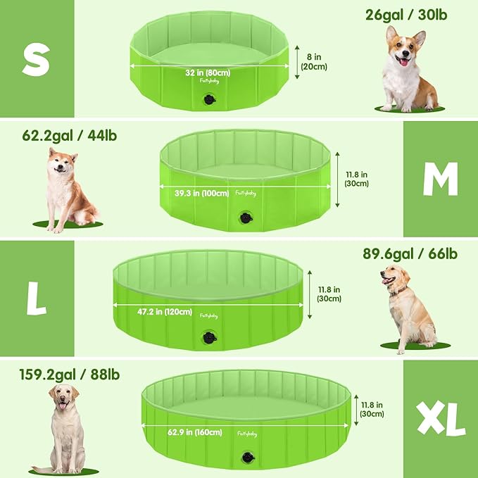 Furrybaby Dog Pool, Kiddie Pool with Hard Plate Collapsible Pet Bath Foldable Swimming Pet Pool Portable Green 32''-PurrikoPets
